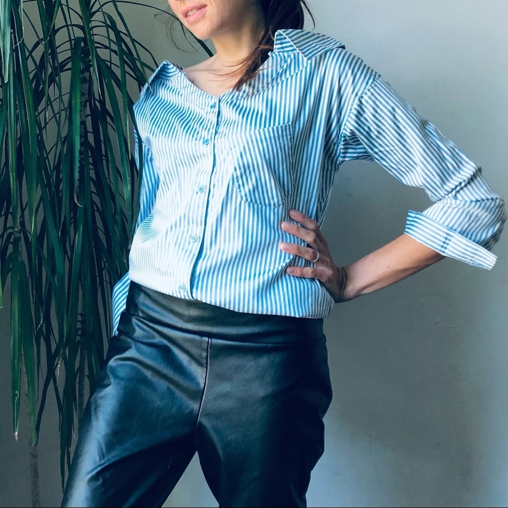NEW YORK &Co Women’s Blue White Stripe Oxford Button Down Shirt Long Sleeve XS